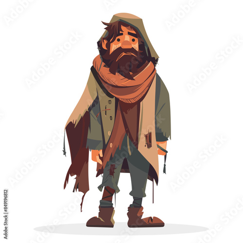 Middleaged man portrayed, rugged appearance, beard, tattered clothing signifies homeless vagabond character. Stands desolate, forlorn expression, depicting hardship, survival, lifes struggles