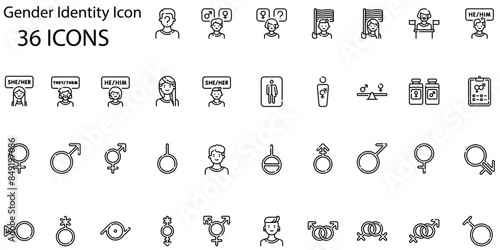 set of 36 outline web gender identity icons such as podium, happy, silence, gender identity, rainbow, genderfluid, bigender, bigender vector thin line icons for web design, mobile app. photo