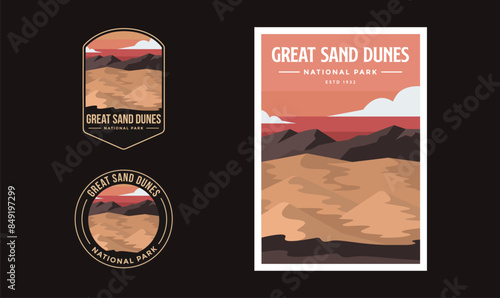 Set of Great Sand Dunes National Park graphic illustration badge poster vector