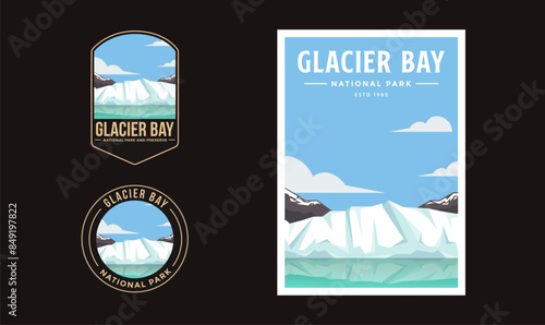Set of Glacier Bay National Park graphic illustration badge poster vector