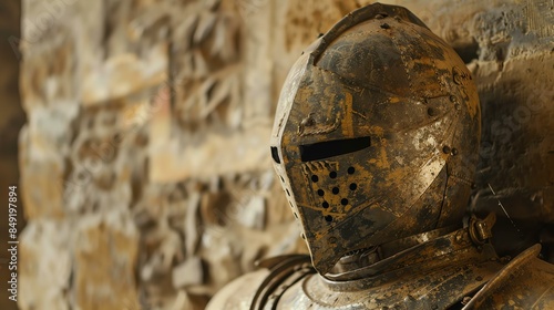 Close-up of a rusty medieval knight's helmet. The helmet is made of metal and has a visor that is closed.