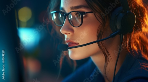 One confident young Caucasian contact center telemarketing agent wearing glasses and headset in workplace. Woman working helpdesk for customer service and sales.