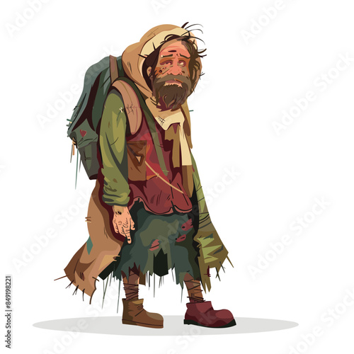 Homeless man looking tired disheveled, carrying backpack, wearing ragged clothing. Male cartoon character beard injuries, appearing need help, standing isolated. Distressed wanderer illustration