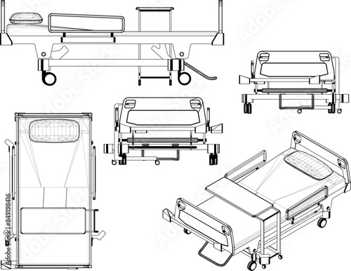 Vector illustration sketch drawing detailed design of hospital gurney for patient