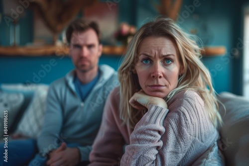 Divorce, affair, and interracial couple angry in lounge over affair, separation, or dishonesty. Anger, black guy or woman in living room, mental health, or frustrated