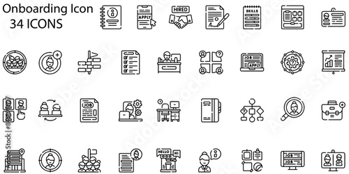 set of 34 outline web onboarding icons such as hand, presentation, hand, online meeting, target, newspaper, employee, employee vector thin line icons for web design, mobile app.
