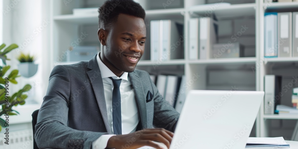 Fototapeta premium Happy businessman, laptop, tablet for data analytics, stock market, and online research for profit, sales, or company account. Asia trader, investor, or analyst at office using computer and tech