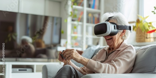 Senior woman enjoying online games in living room. VR technology, senior granny in home, and racing esports on sofa with a smile