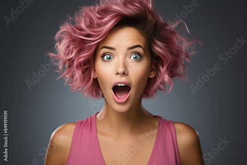 Attractive girl and shocked with short hair, wearing a purple shirt, looking surpr, generative IA photo