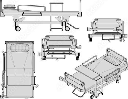Vector illustration sketch drawing detailed design of hospital gurney for patient
