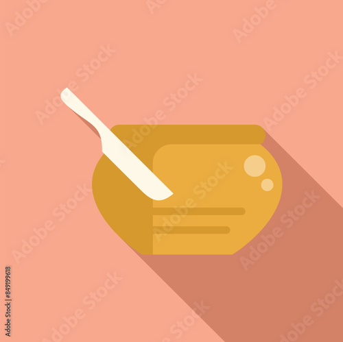 Knife spreading butter from ceramic butter dish on pink background, in flat design style