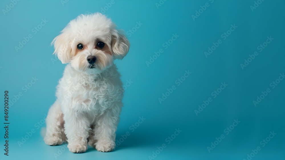 Adorable White Poodle Puppy Sitting in Front of Blue Background Adorable White Poodle Puppy Sitting in Front of Blue Background