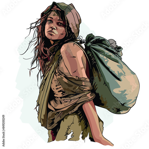 Young female wanderer carrying sack over shoulder, tattered clothes, scars. Determined look survival journey, hooded cloak, makeshift attire. Postapocalyptic survivor, harsh environment, resilient