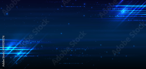 Abstract technology futuristic glowing lines neon blue light ray on dark blue background with square pattern digital element.