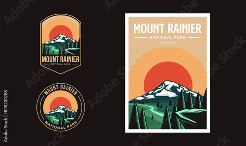 Set of Mount Rainier National Park graphic illustration badge poster vector