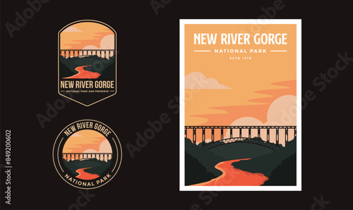 Set of New River Gorge National Park graphic illustration badge poster vector