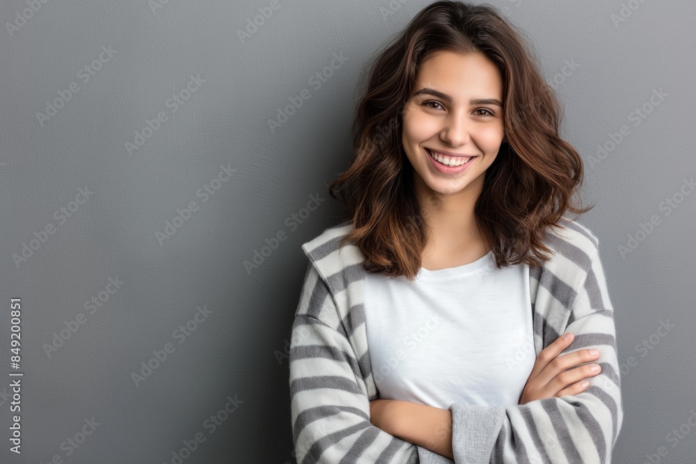 Portrait of a young latin woman with pleasant smile and crossed arms isolated on grey wall with copy space. Beautiful girl with folded arms looking at camera against grey wall. Cheerful hispanic woman Portrait of a young latin woman with pleasant smile and crossed arms isolated on grey wall with copy space. Beautiful girl with folded arms looking at camera against grey wall. Cheerful hispanic woman