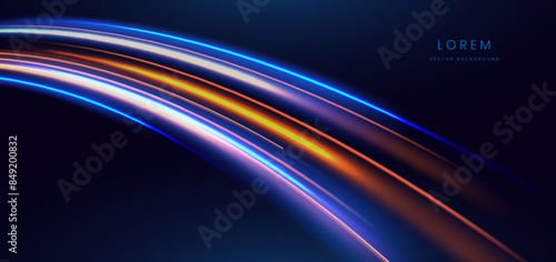 Abstract futuristic glowing neon multi color lines. Hi speed motion moving concept on dark blue background.