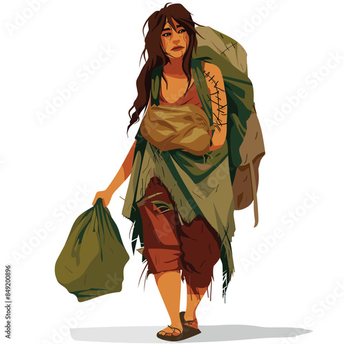 Young female character looking tired, carrying bags, wearing tattered clothes, implying poverty homelessness. Distressed woman walking, disheveled hair, patched garment, depicting societal issues