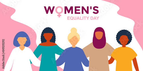 Women's Equality Day.Group of different women together. Horizontal banner in flat style.Vector stock illustration.