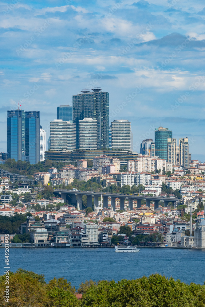 Skyscrapers of istanbul behind the Bosphorous, financial district of Turkey