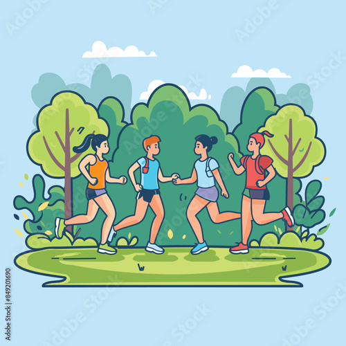 Four animated characters jogging park setting surrounded lush green trees. Young adults engage healthy exercise, males females wearing casual sportswear running together. Friendly outdoor group
