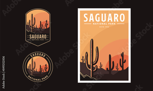 Set of Saguaro National Park graphic illustration badge poster vector