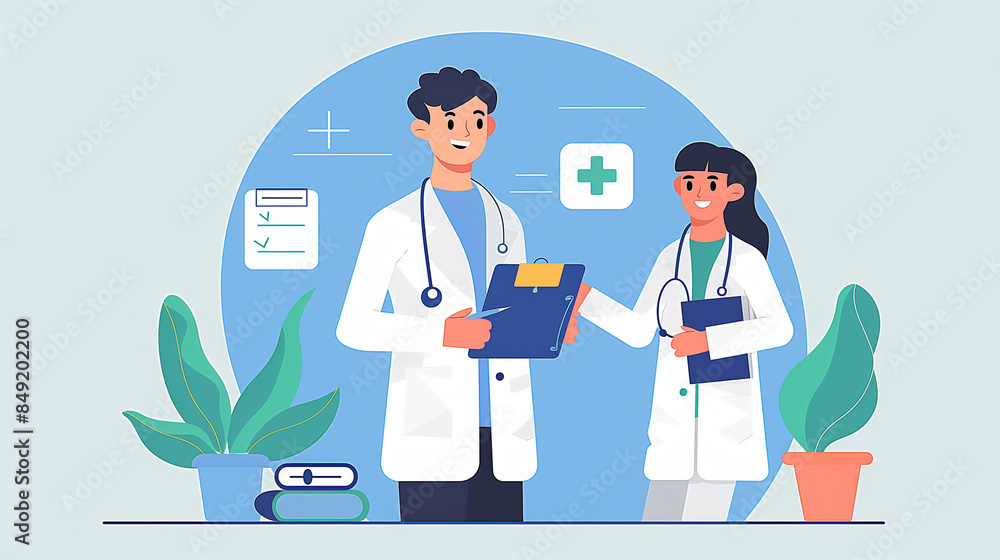 doctor and nurse. Medical business illustration, doctor in white coat, communication and discussion, collection of materials, wearing stethoscope, holding notebook doctor and nurse. Medical business illustration, doctor in white coat, communication and discussion, collection of materials, wearing stethoscope, holding notebook