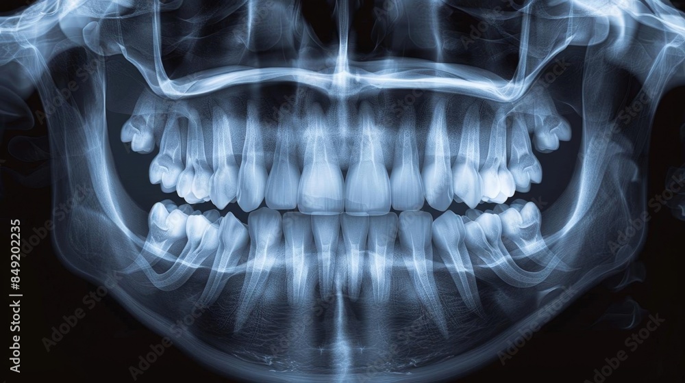 Panoramic dental Xray capturing the entire mouth Panoramic dental Xray capturing the entire mouth