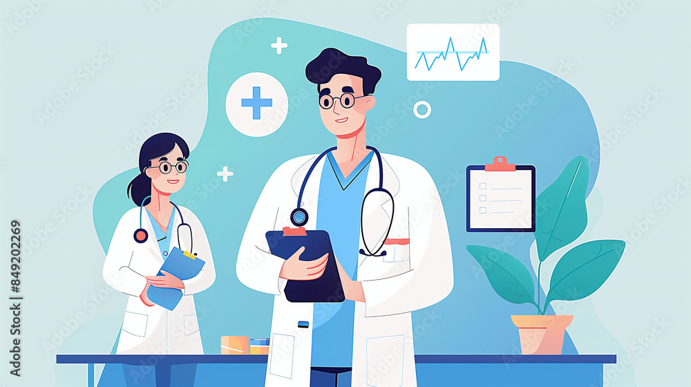 doctor and nurse. Medical business illustration, doctor in white coat, communication and discussion, collection of materials, wearing stethoscope, holding notebook doctor and nurse. Medical business illustration, doctor in white coat, communication and discussion, collection of materials, wearing stethoscope, holding notebook