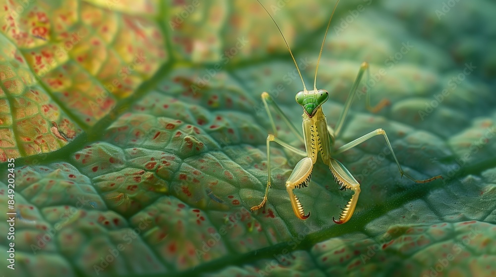 Fototapeta premium Green Praying Mantis on a Leaf - Macro Photography