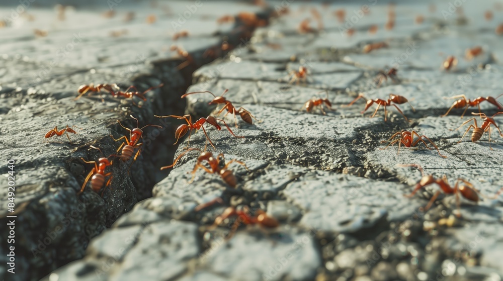Ants Marching Across Cracked Pavement, A Close-Up Look at Nature's Tiny Workers Ants Marching Across Cracked Pavement, A Close-Up Look at Nature's Tiny Workers