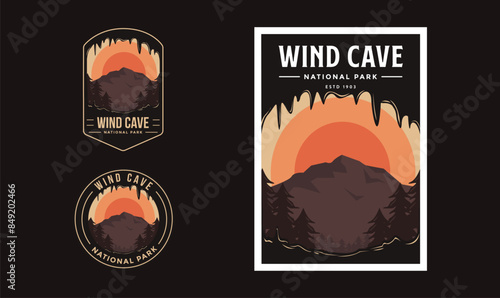 Set of Wind Cave National Park graphic illustration badge poster vector