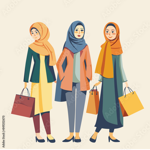 Three Muslim women wearing hijabs shopping, carrying colorful bags, fashionable Islamic clothing. Confident female shoppers stroll, diverse hijabi ethnicity, modern modest fashion, urban background