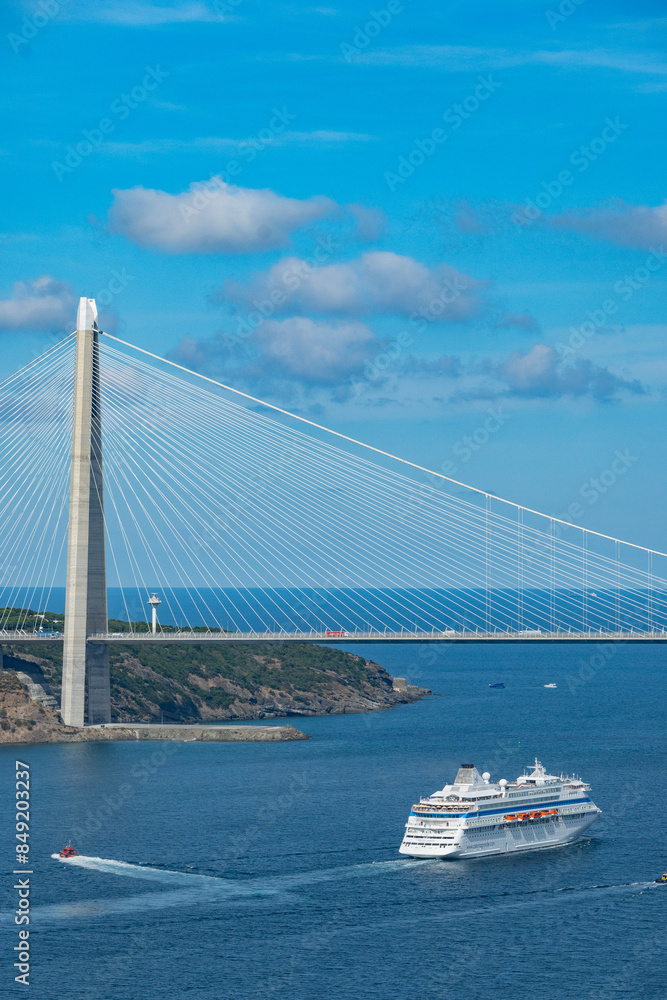 Obraz premium Big cruiser passanger ship crossing the Bosporus from Istanbul to the Black Sea crossing the Sultan Selim Bridge