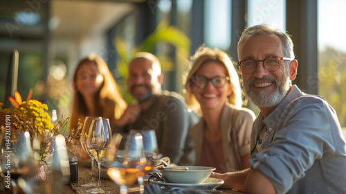 Friends, family, two men and two women middle aged sitting at a dining table in a modern room in a restaurant, home. 