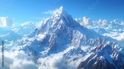 The majestic snow-capped mountain rises high above the clouds, its peak reaching towards the heavens. photo