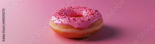 Delicious pink frosted donut with sprinkles on a pink background, ideal for bakery, dessert, and food photography.