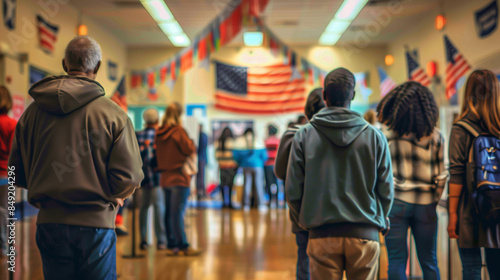  Voters in Line at Polling Station. This photo captures a diverse group of voters standing in line at a polling station, ready to cast their votes. 