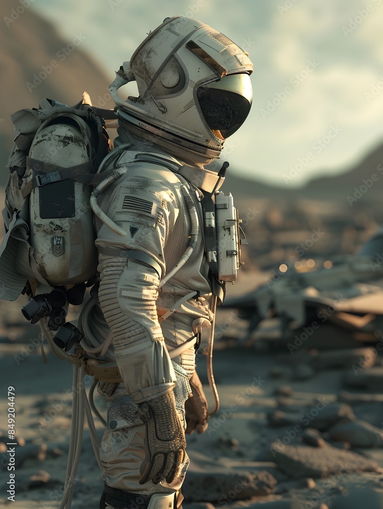 Crash Landed Astronaut Braving Alien Planet s Harsh Barren Landscape with Damaged Spacecraft Wreckage and Survival Gear Crash Landed Astronaut Braving Alien Planet s Harsh Barren Landscape with Damaged Spacecraft Wreckage and Survival Gear