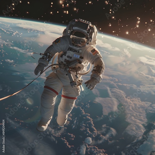 Solitary Astronaut s Tethered Spacewalk Overlooking the Serene Earth Below photo