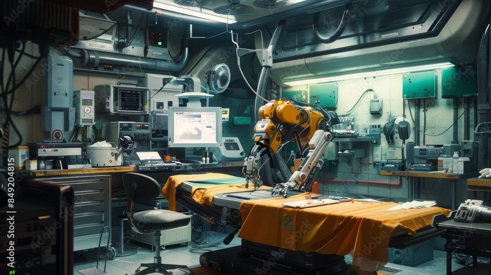 A robot arm in a futuristic operation theater. A robot arm in a futuristic operation theater.
