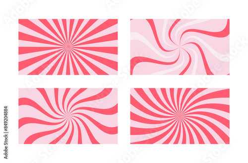 Strawberry candy or ice cream striped swirl backgrounds set. Twisted sunbeam pink sweet banner.