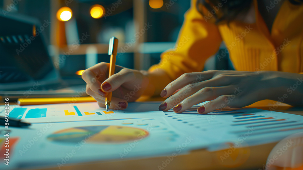 Obraz premium Businesswoman is reviewing marketing data and working late in the office