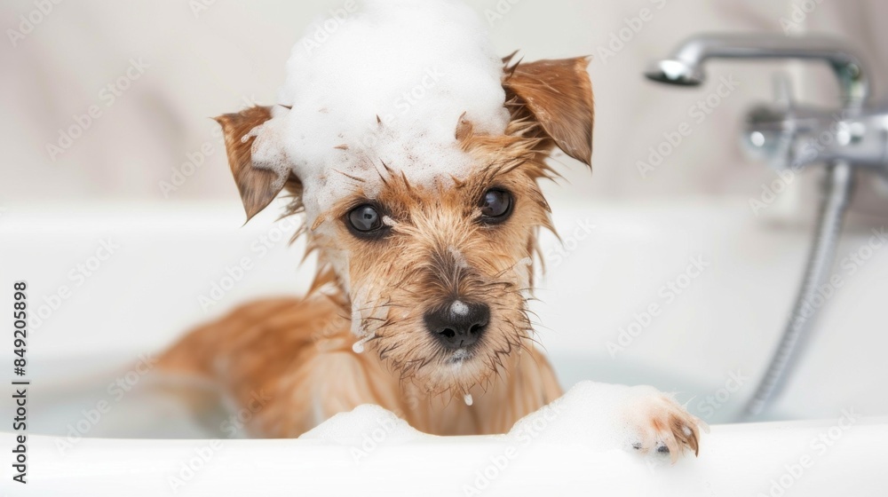 A dog is in a bathtub with bubbles A dog is in a bathtub with bubbles