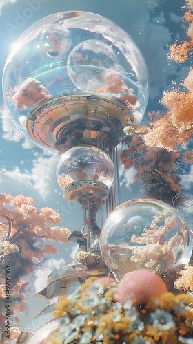Futuristic Modular Habitat Modules with Panoramic Observation Viewports and Solarpunk Inspired Swirling Cloud Formations
