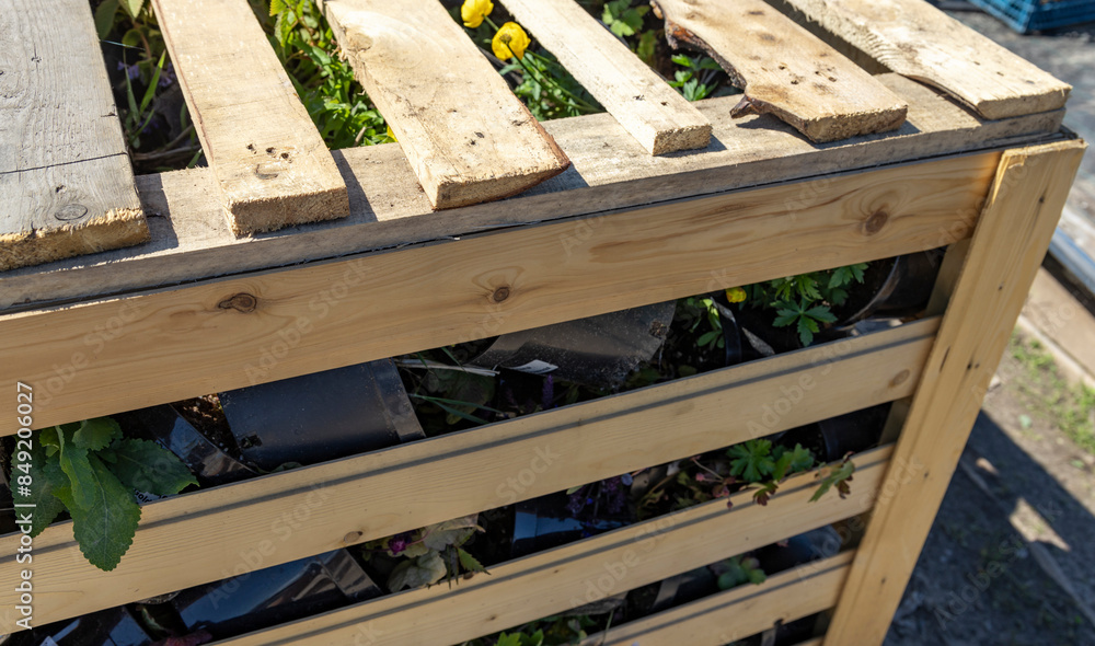 Close-up of wooden pallet garden box filled with plants and flowers. Sunlight shines through slats, illuminating greenery. Creative, sustainable gardening.. Close-up of wooden pallet garden box filled with plants and flowers. Sunlight shines through slats, illuminating greenery. Creative, sustainable gardening..