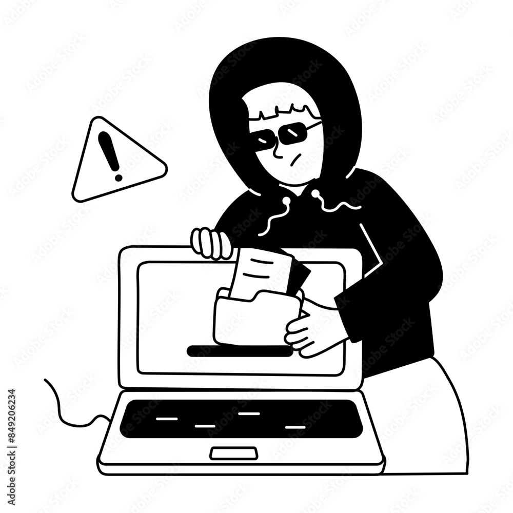 Trendy doodle mini illustration of data hacker Trendy doodle mini illustration of data hacker