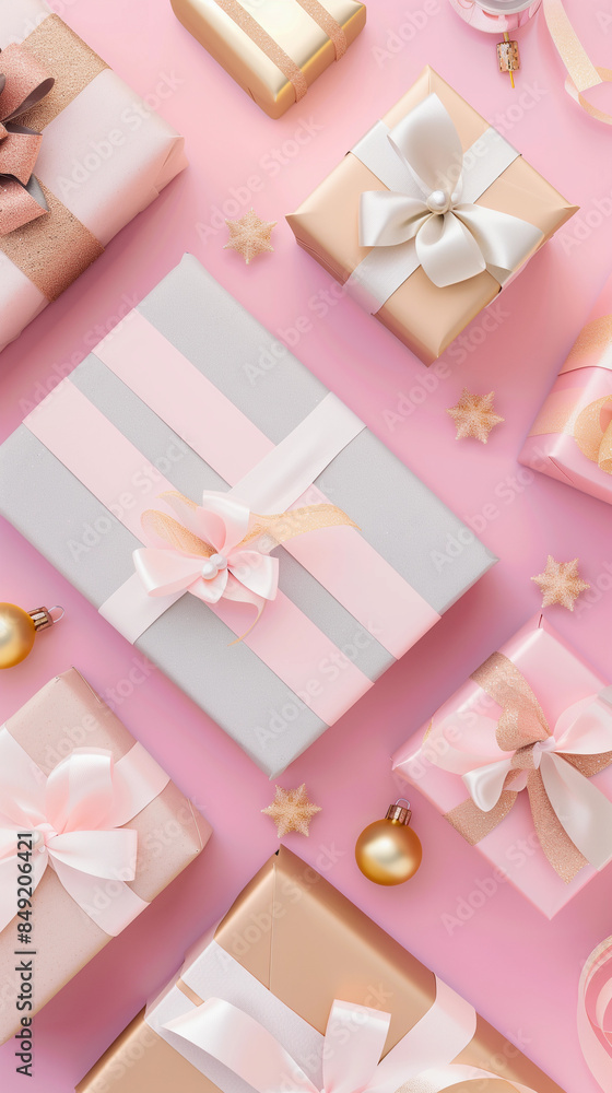 Chic pink blue stripe gold gift wrapping boxes beautiful ribbons luxurious presents holiday celebration pastel color feminine elegant stylish Christmas glamour pretty sophisticated presents box bow ad Chic pink blue stripe gold gift wrapping boxes beautiful ribbons luxurious presents holiday celebration pastel color feminine elegant stylish Christmas glamour pretty sophisticated presents box bow ad