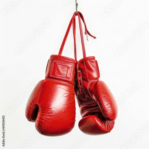 red boxing gloves hanging isolated on white background